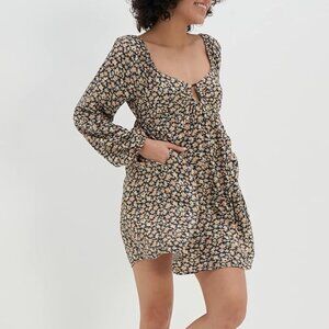 Floral Long-Sleeve Ring-Front Mini Dress M